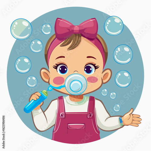 a stippling vector portrait of a White baby blowing bubbles, ultra-fine dots on bubbles, cheeks, and facial contours