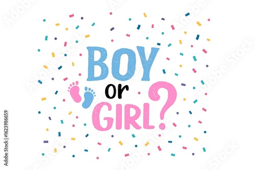 Celebration announcement for upcoming baby gender reveal event with colorful confetti in a joyful atmosphere