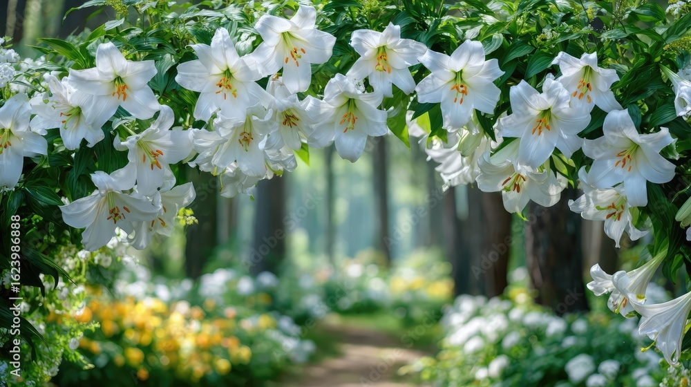Fototapeta premium Lily cotton under arbor crown concept. A beautiful arch of white lilies in a serene forest path.