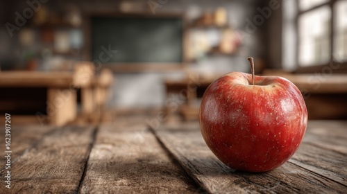 A single red apple rests on a rustic wooden table in a blurred classroom setting