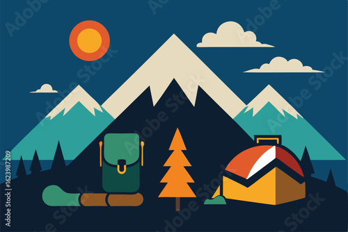 camping and hiking clipart set with gear and natu.eps