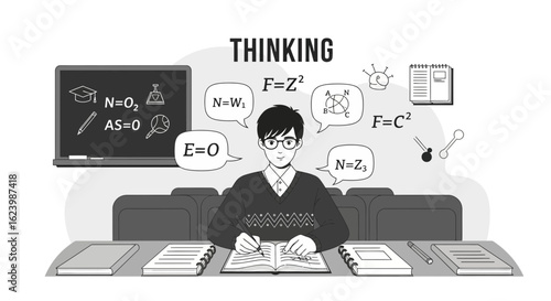 Focused Student Deep In Thought While Doing Math And Science Problems
