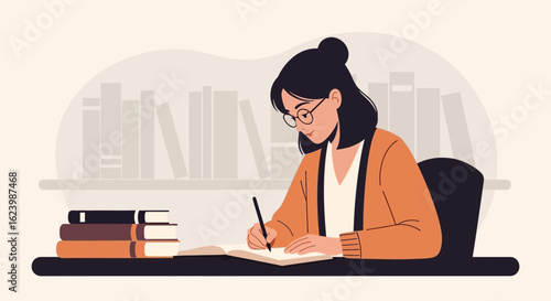 Focused Woman Studying At Home Reading Books And Writing Notes