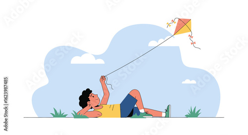 Happy Kid Flying Kite Outdoors On A Sunny Day Of Summer Holiday