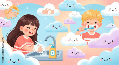 Happy Kids Practicing Hygiene With Smiling Clouds In A Watercolor Style