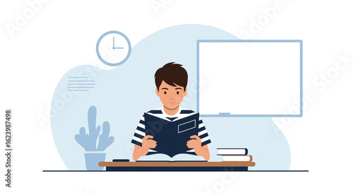 Focused Young Student Reading Textbook While Studying At Home Education Concept