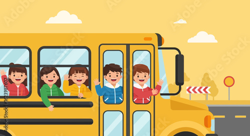 Happy School Children Waving Goodbye From a Bright Yellow School Bus