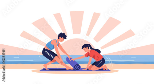 Friends Unrolling Yoga Mat Together By The Sea At Sunrise Relaxing