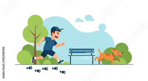 Frightened Boy Runs Away From a Dog in the Park During the Afternoon