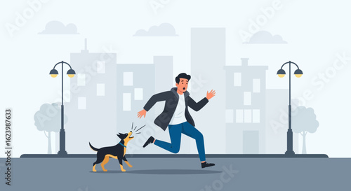 Frightened Man Running From Barking Dog In Urban Environment During Daytime