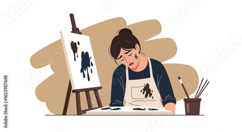 Frustrated Artist Feeling Emotional After Painting Failure In Studio
