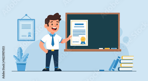 Happy Teacher Presenting Certificate Near Blackboard in Classroom Scene