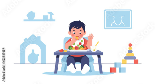 Happy Toddler Eating Healthy Food At The Table In Room Home Interior