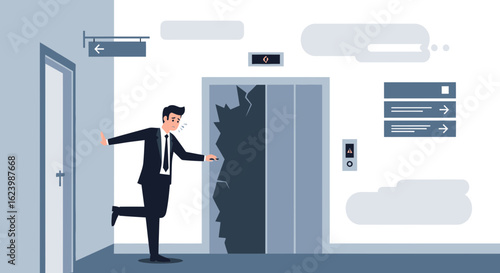 Frustrated Businessman Faces Broken Elevator In The Office Building Indoor