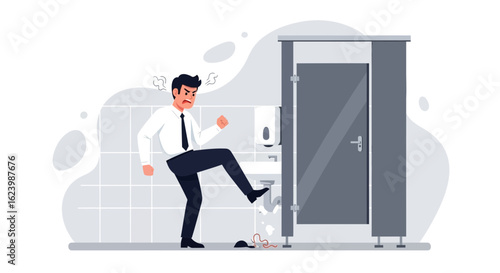 Frustrated Businessman Kicking Bathroom Sink Due To Intense Work Stress
