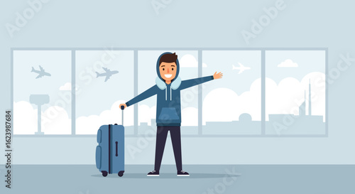 Happy Traveler Arriving At Airport Terminal With Suitcase Near Window View