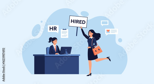 Happy Woman Celebrates Job Offer Holding A Sign In Front Of HR Department