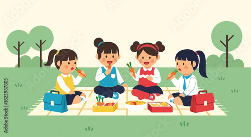 Happy Youngsters Enjoying Healthy Snacks Outdoors On Plaid Blanket In Nature