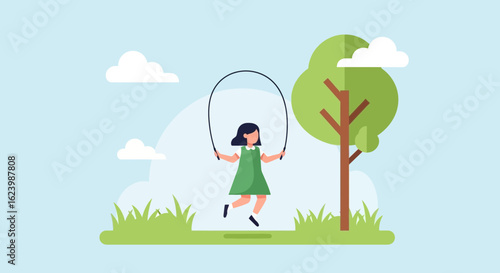 Happy Young Girl Enjoying Outdoor Activity with Skipping Rope in Nature