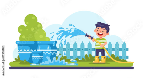 Happy Young Boy Watering Plants with a Hose in the Garden Illustration