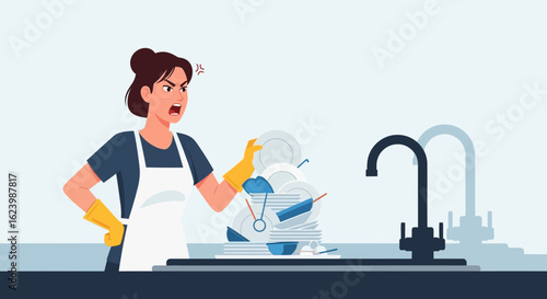 Frustrated Housewife Looking At Pile Of Dirty Dishes In The Kitchen Sink