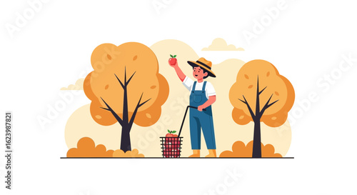 Harvest Season At The Orchard Scene With Farmer Harvesting Fresh Red Apples