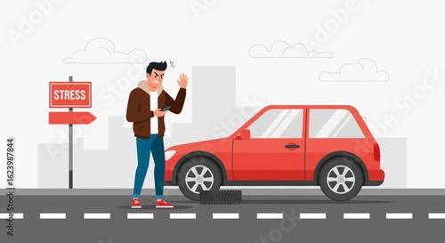 Frustrated Man Calling Roadside Assistance After Flat Tire Car Breakdown Trouble