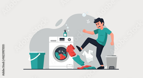 Frustrated Man Kicking His Malfunctioning Washing Machine With Clothes Flying Out