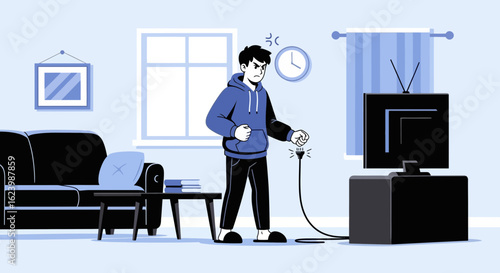 Frustrated Man Ready To Unplug The Television Expressing Anger At Home