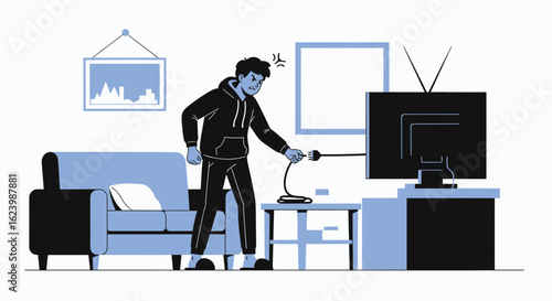 Frustrated Man Unplugging Tv Due To Streaming Problems In Blue Cartoon