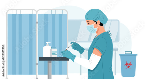 Healthcare Professional Prepares Injection Inside Clinic Or Hospital Setting Illustration