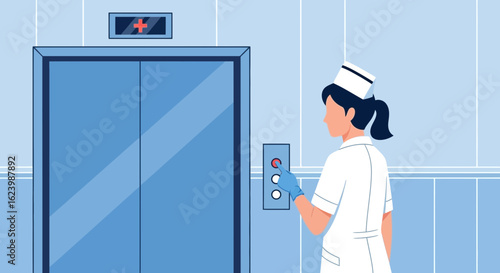 Healthcare Professional Using Elevator With Modern Hospital Interior Illustration