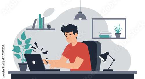 Frustrated Man Working At Home On Laptop Problem Tech Support Solution