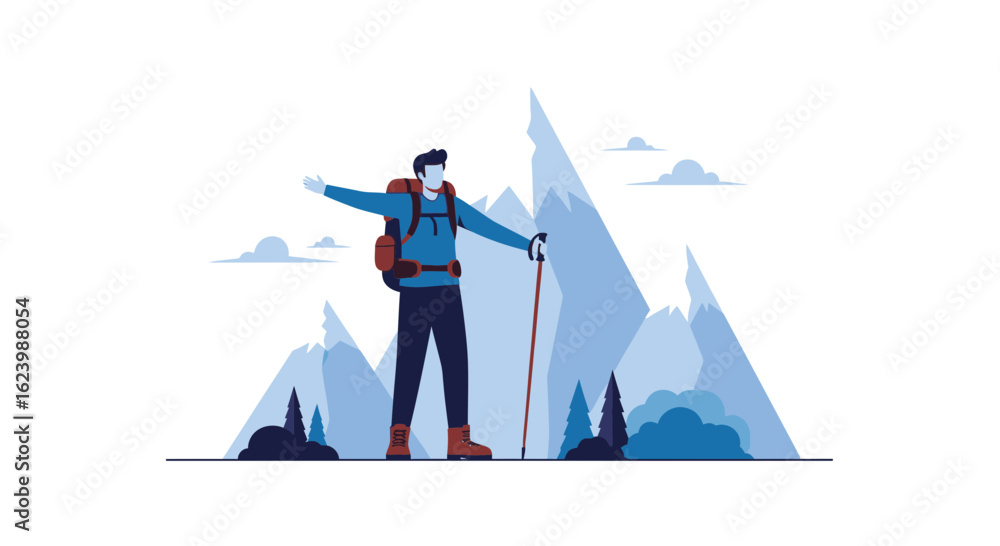Fototapeta premium Hiker Reaching Mountain Peak Enjoying Success And Freedom Concept Illustration