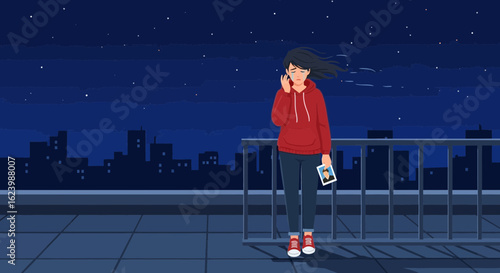 Heartbroken Girl On City Rooftop Holding Photo Under Starry Night Sky