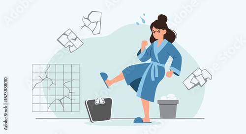 Frustrated Woman Kicking Bathroom Scale Expressing Displeasure With Weight Control