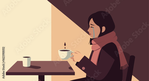 Heartbroken Woman Consuming Coffee in Cafe Expressing Sadness and Vulnerability