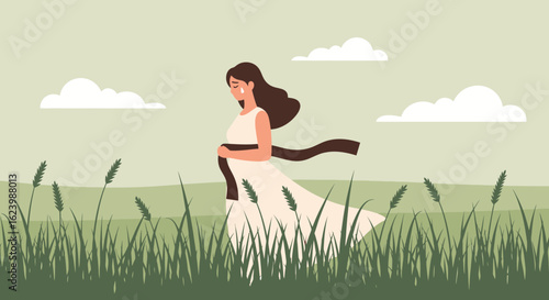 Heartbroken Pregnant Woman In The Field With Crying Loneliness Sadness Depression