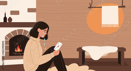 Heartbroken Woman Reading Letter by Fireplace Expressing Emotional Turmoil