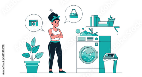 Frustrated Woman In Laundry Room Thinking About Photography And Clean Clothes