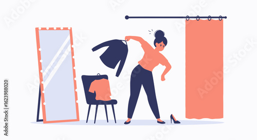 Frustrated Woman Shopping in a Fitting Room Deciding What to Wear