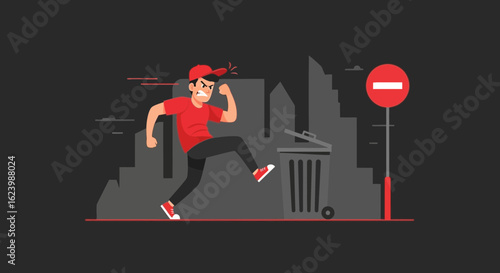 Frustrated Urban Resident Kicking a Trash Can After Encountering a Prohibition Sign