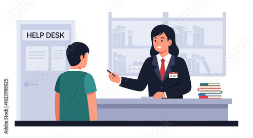 Helpful Employee Responding to Inquiries at Information Desk for Assistance
