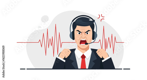 Furious Businessman Wearing Headset Screaming With Voice Wave Visualization
