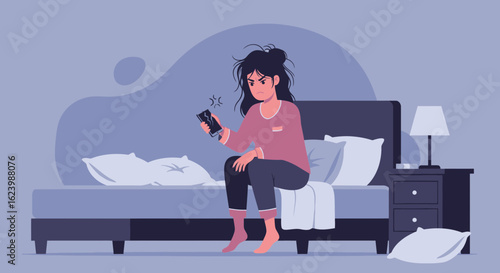 Frustrated Young Woman Staring Angrily At A Cracked Phone Screen At Night