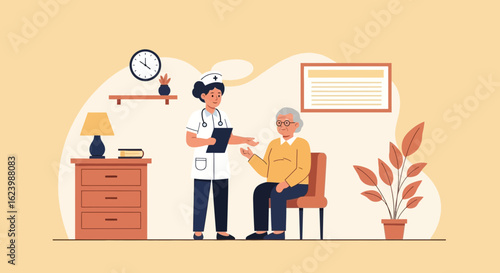 Home Healthcare Setting Depicts Nurse Consulting Senior Woman About Health