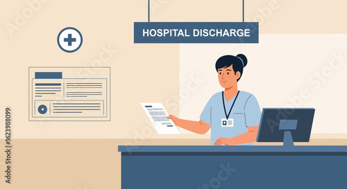 Hospital Discharge Process Illustration Featuring Nurse and Medical Documents