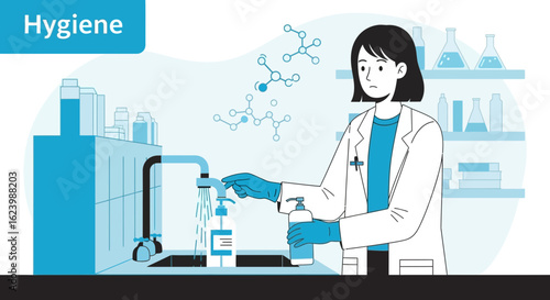 Illustration depicting a scientist in a lab washing hands for proper hygiene practices
