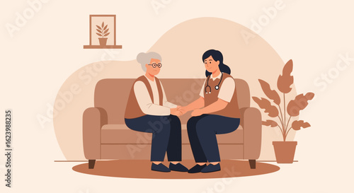 Gentle Reassurance Doctor Holding Hands With Elderly Patient At Home