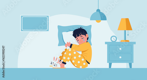 Illustration Of A Sad Little Boy Crying In His Room At Night
